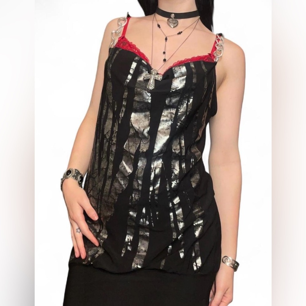 black & silver 2014 inspired clubbing indie sleaze mini dress/top w chain straps